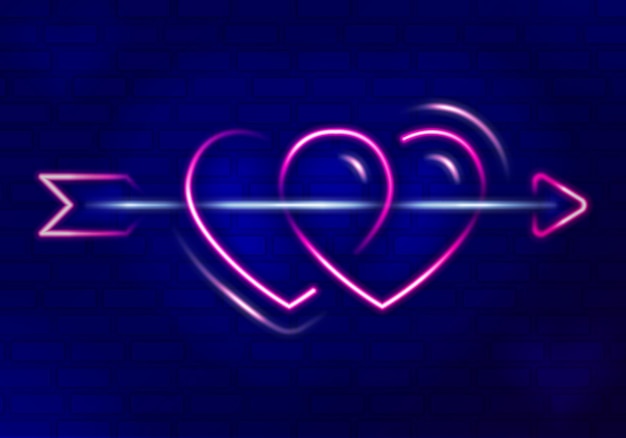 Vector two love light line neon pierced by shining cupid arrows