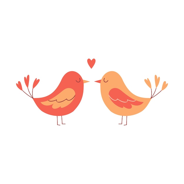 Two lovebirds are standing with their eyes closed Cartoonstyle characters a decorative element for Valentines day cards Color vector illustration isolated on a white background