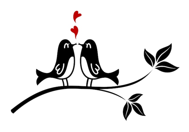 Two lovebirds perched on a branch, black and red cute cartoon on white background.