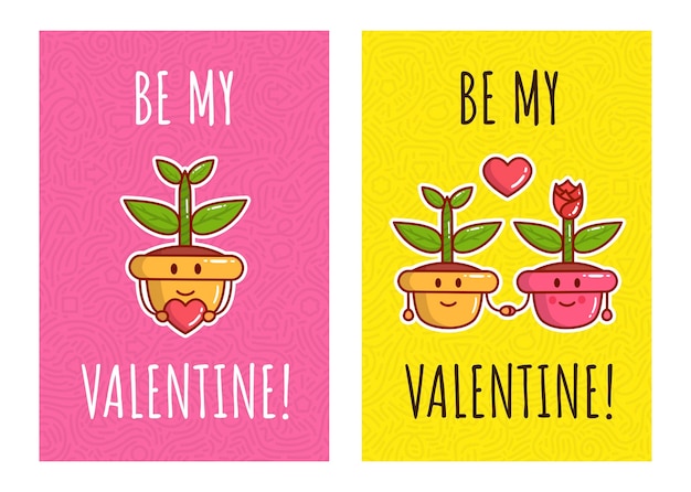 사랑에 식물을 가진 두 개의 사랑스러운 만화 냄비. 발렌타인 데이 인사말 카드입니다.