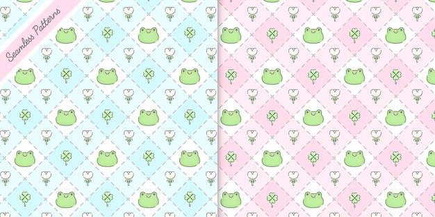 Two lovely checkered and frogs seamless patterns premium vector