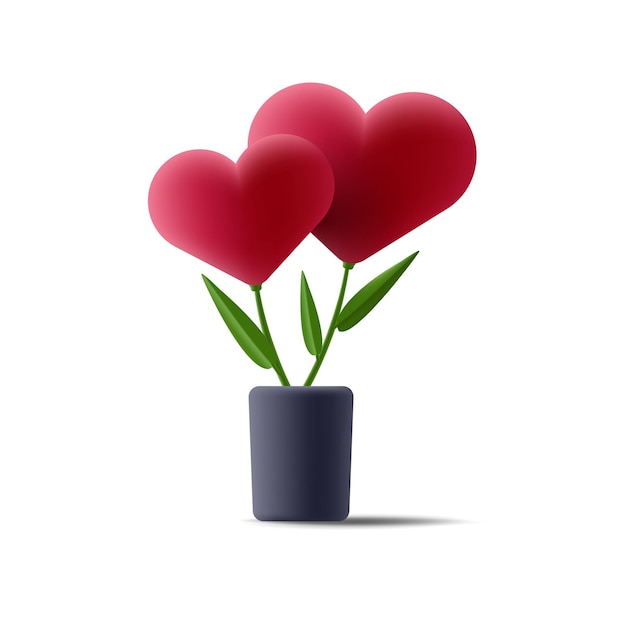 하나의 식물 투수 3d 렌더링 스타일 일러스트레이션에서 자라는 두 개의 사랑의 마음