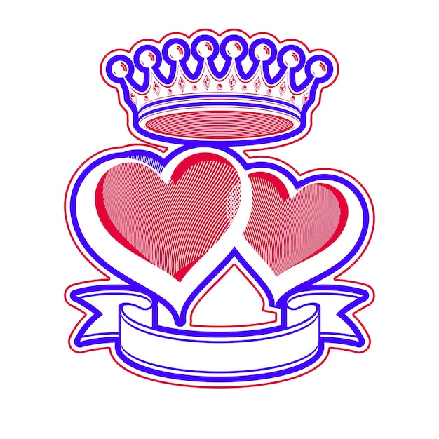 Two loving hearts vector illustration with imperial crown. Royal couple elegant symbol isolated on white background. Valentine’s day romantic design element, best for use in advertising.