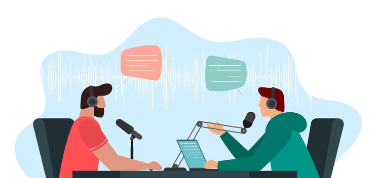 Vector two male persons recording audio discussion in online radio broadcast studio guest man podcast show