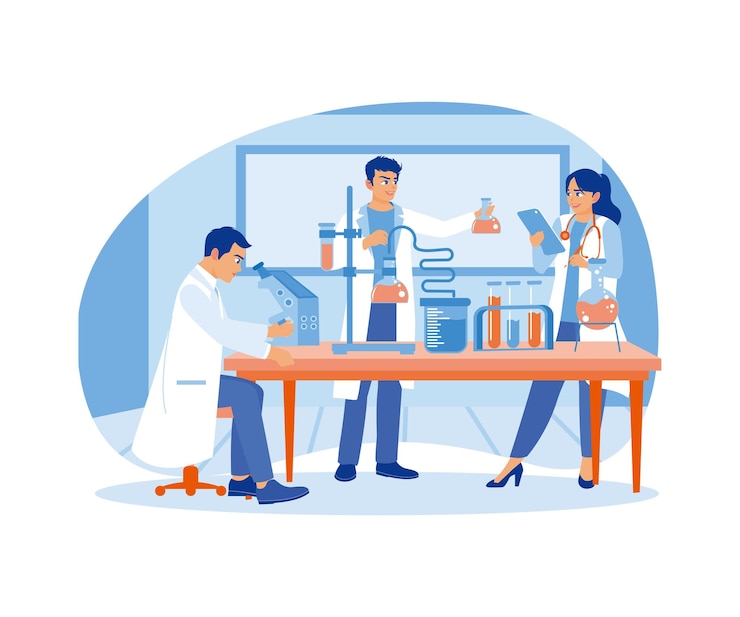 Vector two male scientists are doing scientific research in the laboratory female scientist records research results laboratory concept flat vector illustration