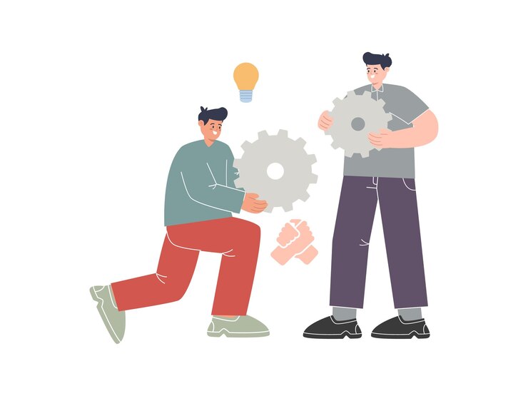 Vector two man collaborating making deals working together character cooperation project goal success