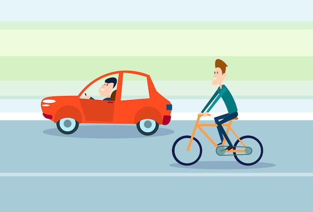 Two man drive car, ride bicycle road