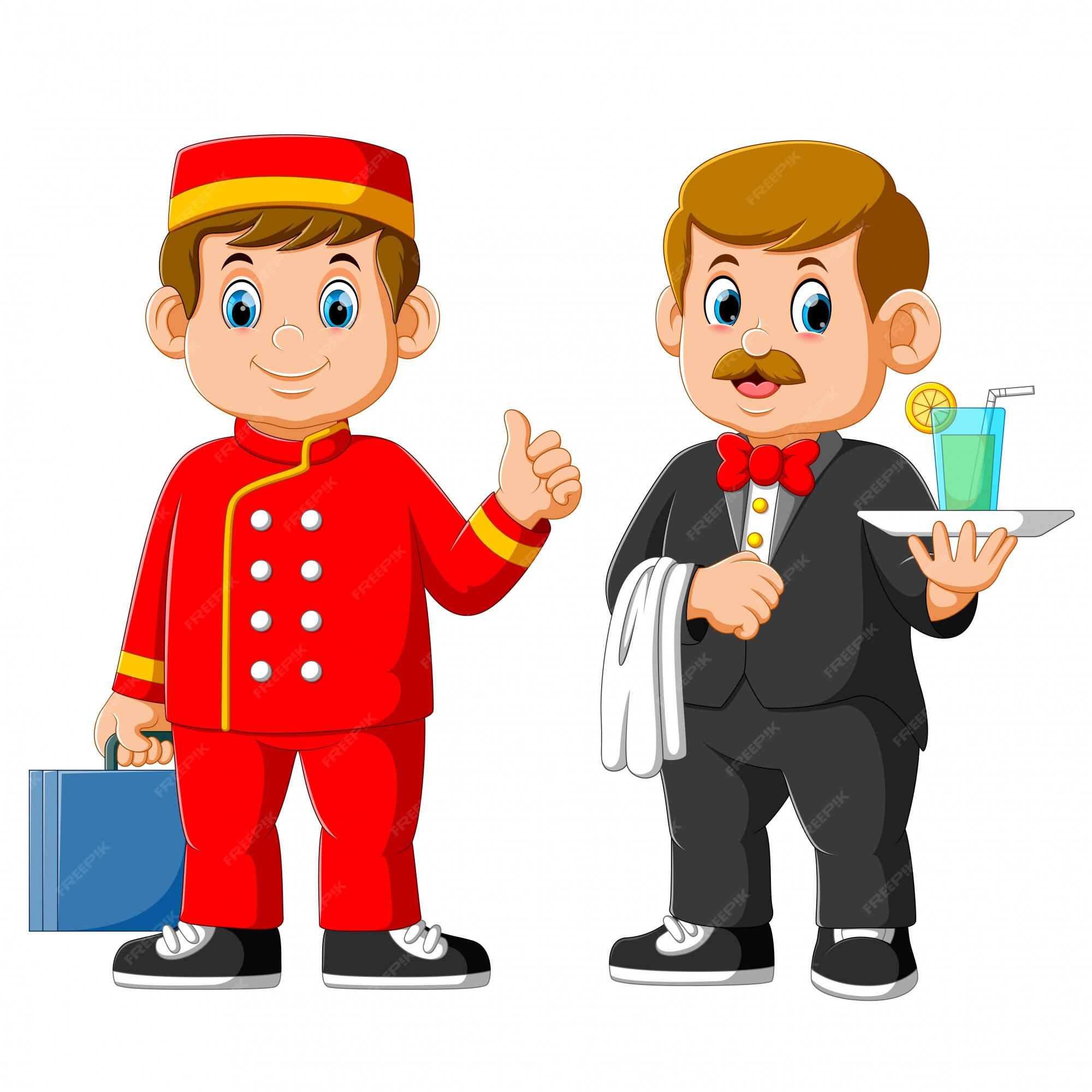 Premium Vector | Two man of hotel staff wearing uniform, waiter and  receptionist