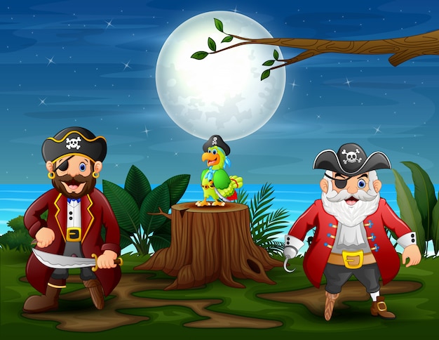 Two man pirates with a parrot in the jungle