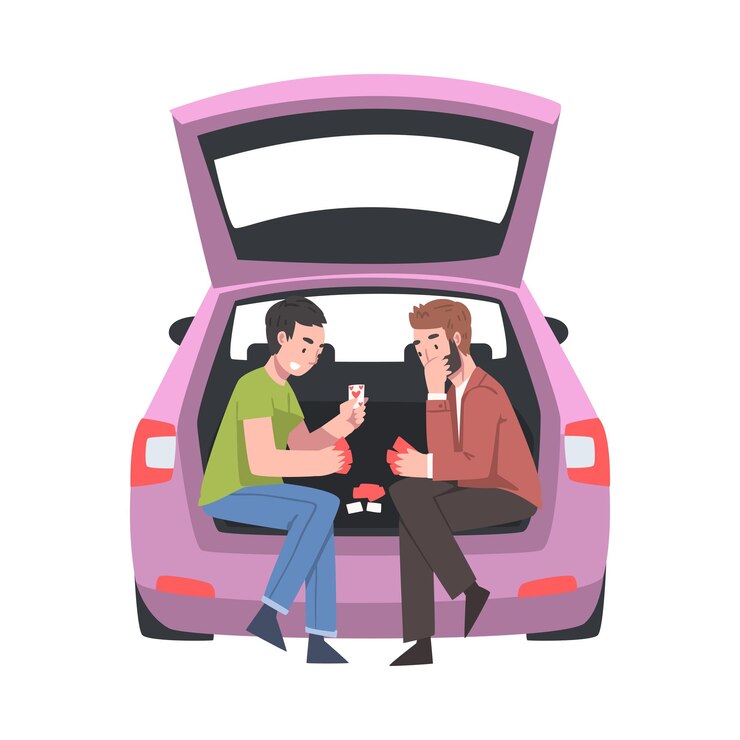 Vector two man sitting in car trunk playing cards game vector illustration