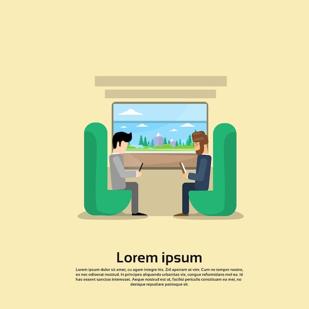 Two man in train compartment vacation holiday trip banner