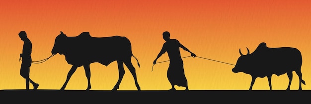 Two man walking and pulling Qurbani cow with evening background