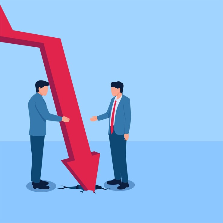 Vector two men are about to shake hands but the arrow falls downwards a metaphor for the failure of the merger simple flat conceptual illustration