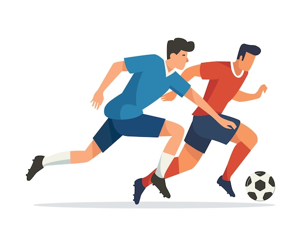 2人の男性がサッカーをしており1人は青いシャツを着ています
