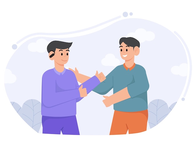 Two men are standing in a circle and one is shaking his hand disability people illustration