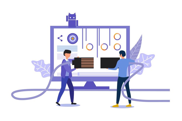 Vector two men are standing in front of a display with a picture of a man and a rocket