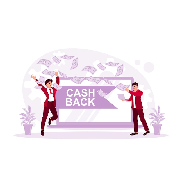 Two men are standing on laptops building online businesses and making money rain from laptops Cashback concept trend modern vector flat illustration