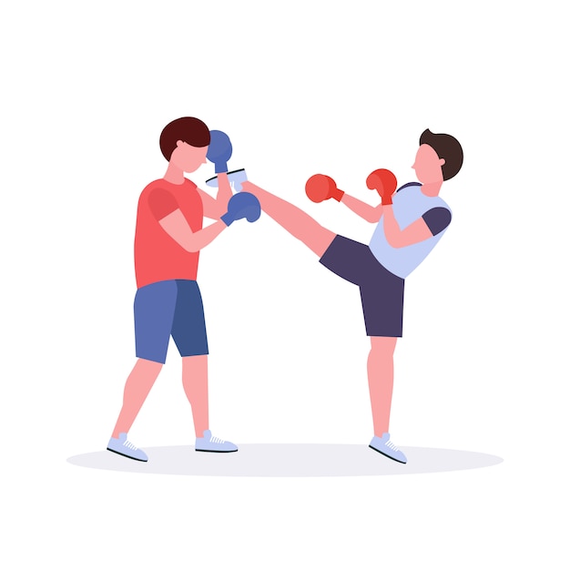 two men boxers exercising thai boxing in red gloves couple fighters practicing at the fight club healthy lifestyle concept  white background