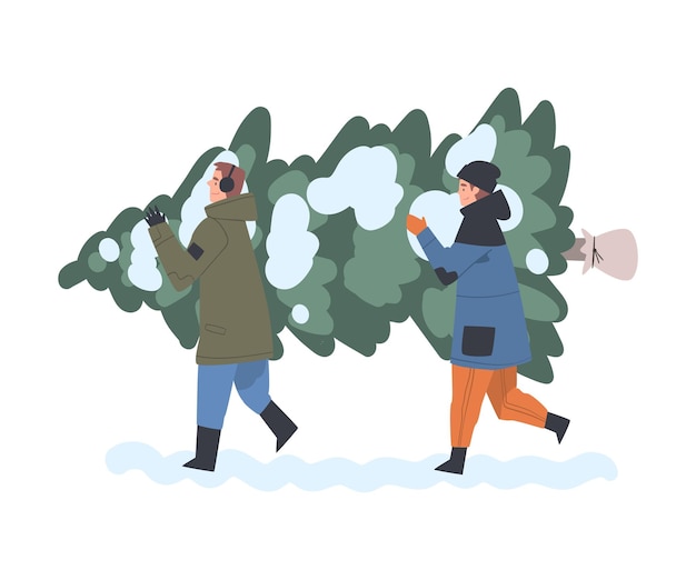 two men carrying christmas tree together people preparing for holiday celebration merry xmas and new year concept cartoon style vector illustration