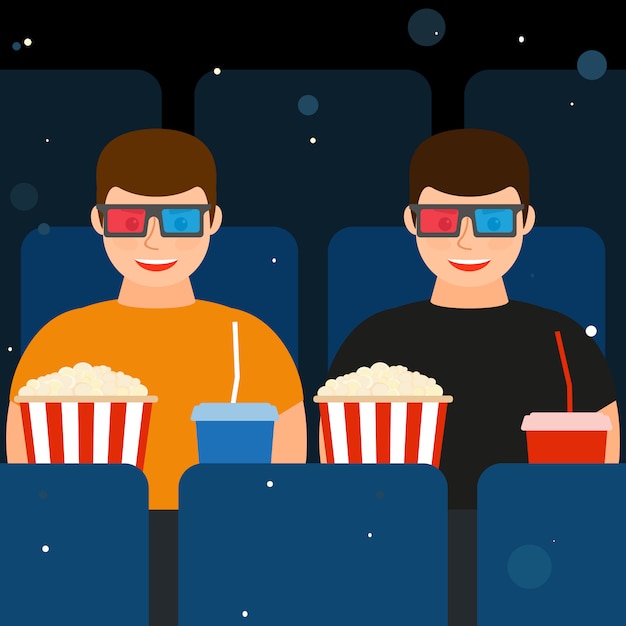 Due uomini al cinema con gli occhiali 3d con popcorn e bevande.