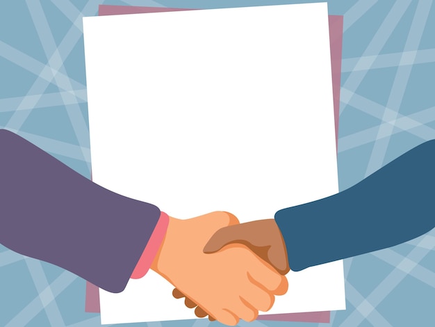 Two men drawing with empty paper background shake hands presenting agreement gentelmen hand