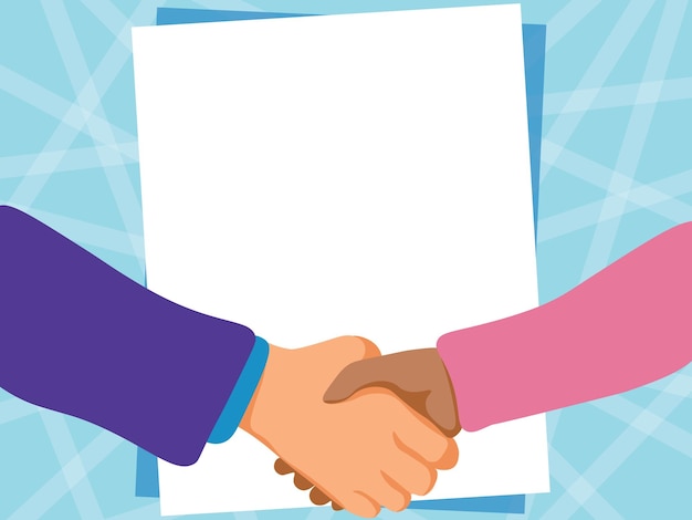 Vector two men drawing with empty paper background shake hands presenting agreement gentelmen hand