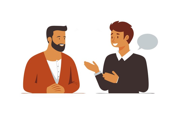 Vector two men engaged in a friendly conversation at a casual meeting setting
