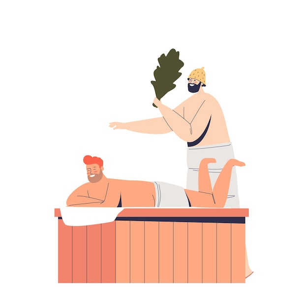 Vector two men enjoy visiting sauna. guy in towel make massage with birch branches broom. banya activities and spa recreation concept. cartoon flat vector illustration