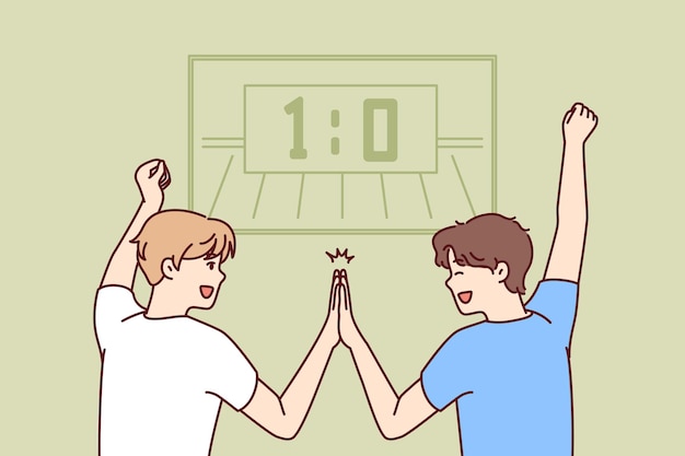 Two men football fans watch game on TV and rejoice after goal of favorite team or successful match