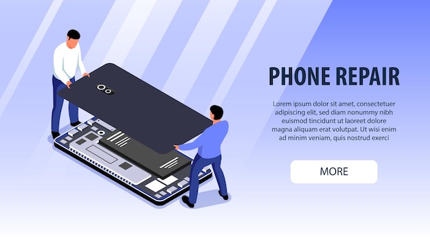 Vector two men from computer repair service fixing smartphone isometric banner