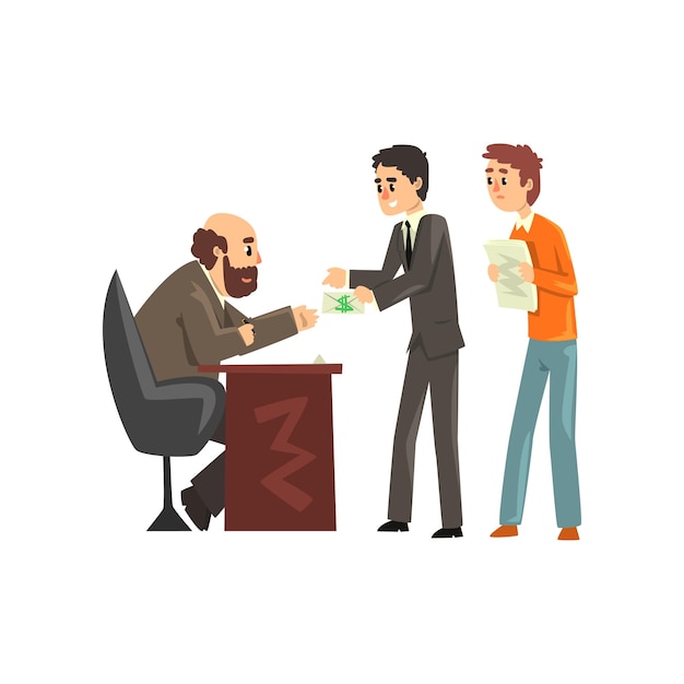 Two men giving money to get permission official taking a bribe corruption and bribery concept vector Illustration isolated on a white background