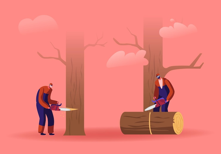 Vector two men loggers sawing logs and trees in forest. cartoon flat illustration