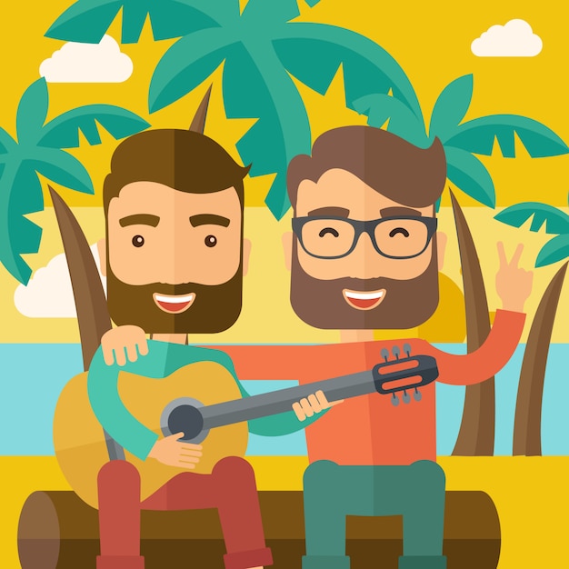 Two men playing a guitar at the beach