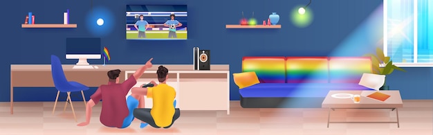 Vettore due uomini che giocano ai videogiochi bandiera arcobaleno lgbt gay lesbiche amore parade festival orgoglio concetto di amore transgender