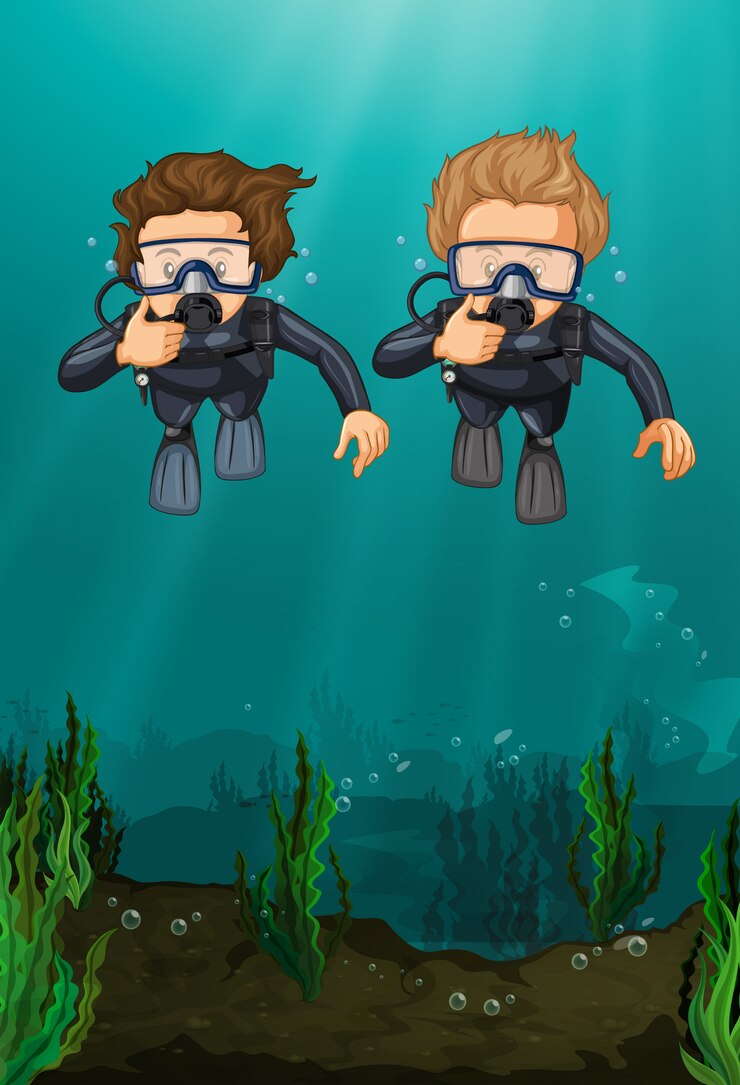 Vector two men scuba diving under the ocean