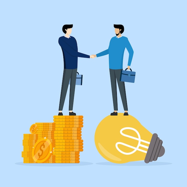 Two men shaking hands on top of a pile of coins and a light bulb with the word money on it business