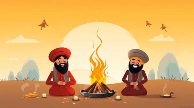 Vector two men sit near a campfire and the sun is behind them