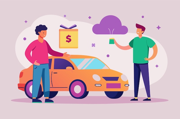 two men standing beside a bright yellow car shopping or discussing outside a dealership or car lot buy a car at the best price simple and minimalist flat vector illustration