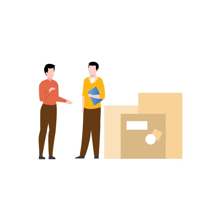 Vector two men talking in front of a cardboard box