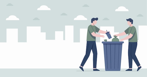 two men throwing garbage into a dumpster in the city vector background banner