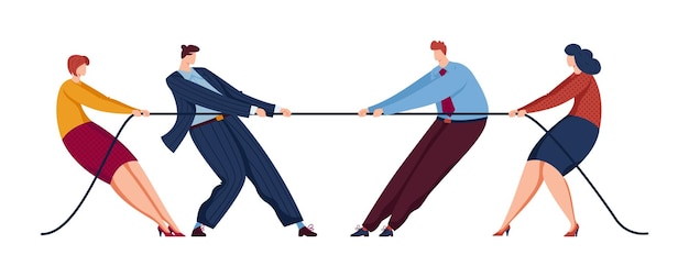 Vector two men and two women engaged in a tug of war competition concept of teamwork gender equality and business challenge vector illustration