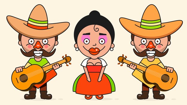 Vector two men and a woman with guitars in native clothes and sombreros