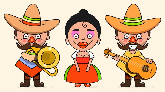 Vector two men and a woman with guitars in native clothes and sombreros
