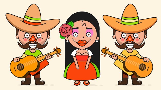 Vector two men and a woman with guitars in native clothes and sombreros