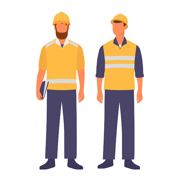 Vector two men in yellow and gray work clothes with a blue clipboard and a blueprint on the front