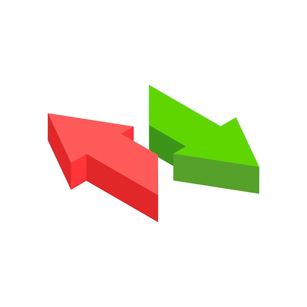 Вектор Две минималистские красные и зеленые стрелки, указывающие на разные направления изометрической векторной иллюстрации. динамический символ пути назначения обмена. маркетинговая точка.