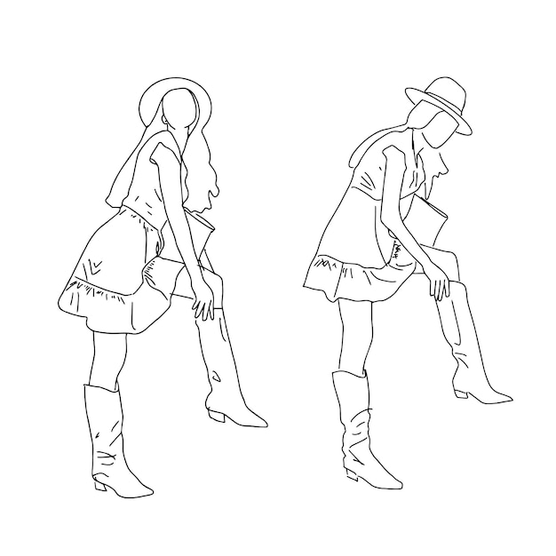 Two modern girls in different poses putting on boots.   illustration.