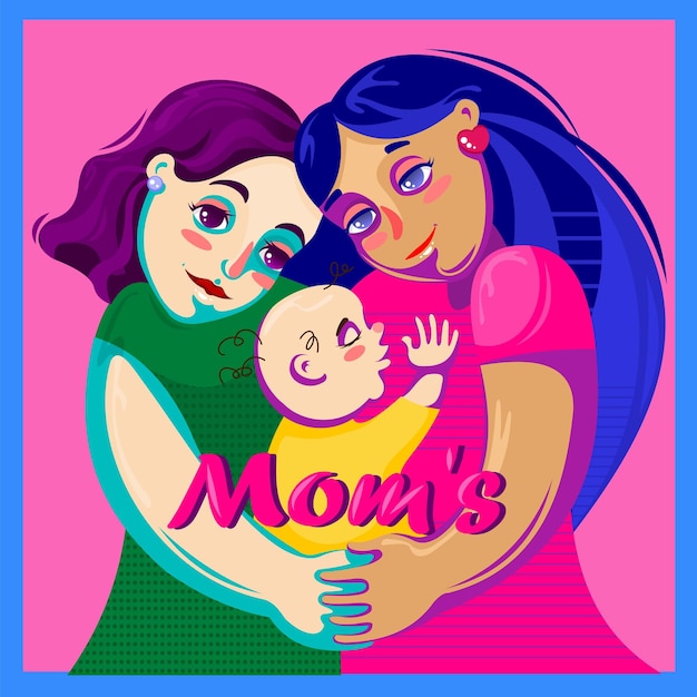 Vector two moms cuddling their baby boy mothers day illustration