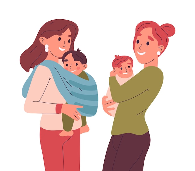 Vector two mothers with babies moms carrying kids in arms loving mums and cute toddlers in sling vector illustration hand drawn caring mothers