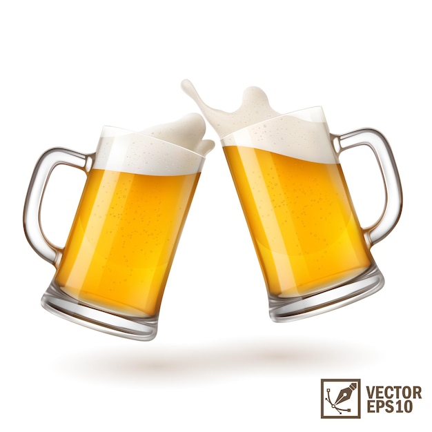 Vector two mugs of light beer toasting creating splash realistic glasses with handle